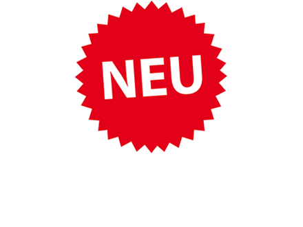 Das Bild zeigt einen roten Kreis mit einem gezackten Rand. In dem Kreis steht das Wort NEU.