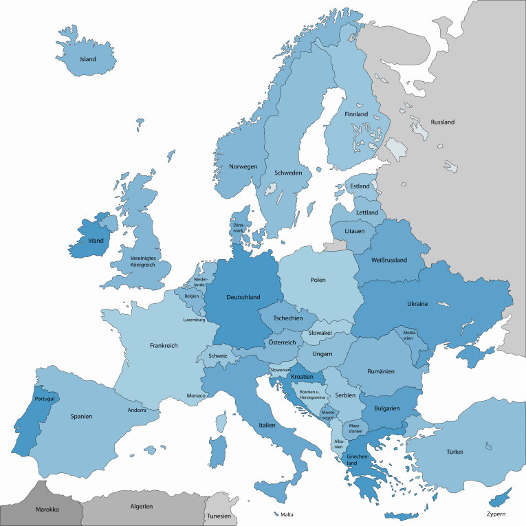 Das Bild zeigt eine Land·karte. Auf der Land·karte sind bestimmte Länder blau. Die blauen Länder gehören zu Europa.