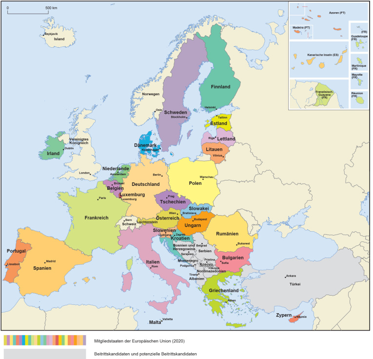 Das Bild zeigt eine Land·karte. Auf der Land·karte sind bestimmte Länder bunt. Die bunten Länder gehören zur EU.