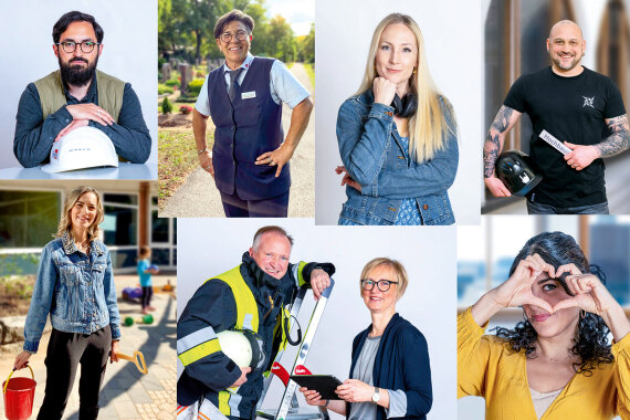 Foto: 8 Personen auf 7 verschiedenen Fotos. Die Personen arbeiten bei der Stadt Nürnberg.