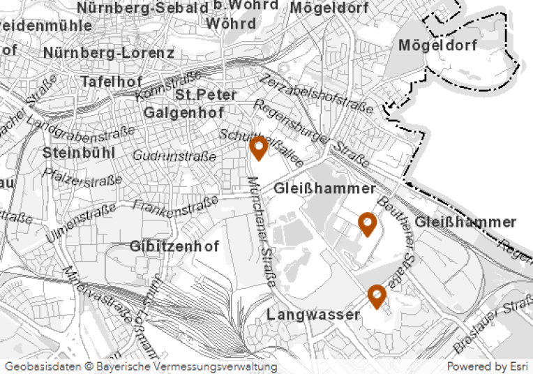 Das Bild zeigt einen Teil von einem Stadt·plan von Nürnberg. Auf dem Stadt·plan sind 3 orangene Markierungen.