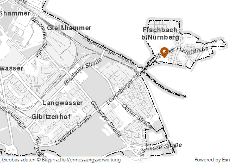 Das Bild zeigt einen Teil von einem Stadt·plan von Nürnberg. Auf dem Stadt·plan ist 1 orangene Markierung.