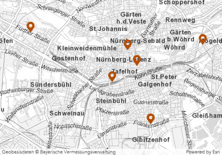 Das Bild zeigt einen Teil von einem Stadt·plan von Nürnberg. Auf dem Stadt·plan sind 6 orangene Markierungen.