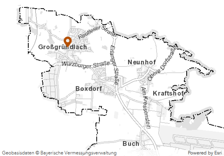 Das Bild zeigt einen Teil von einem Stadt·plan von Nürnberg. Auf dem Stadt·plan ist 1 orangene Markierung.