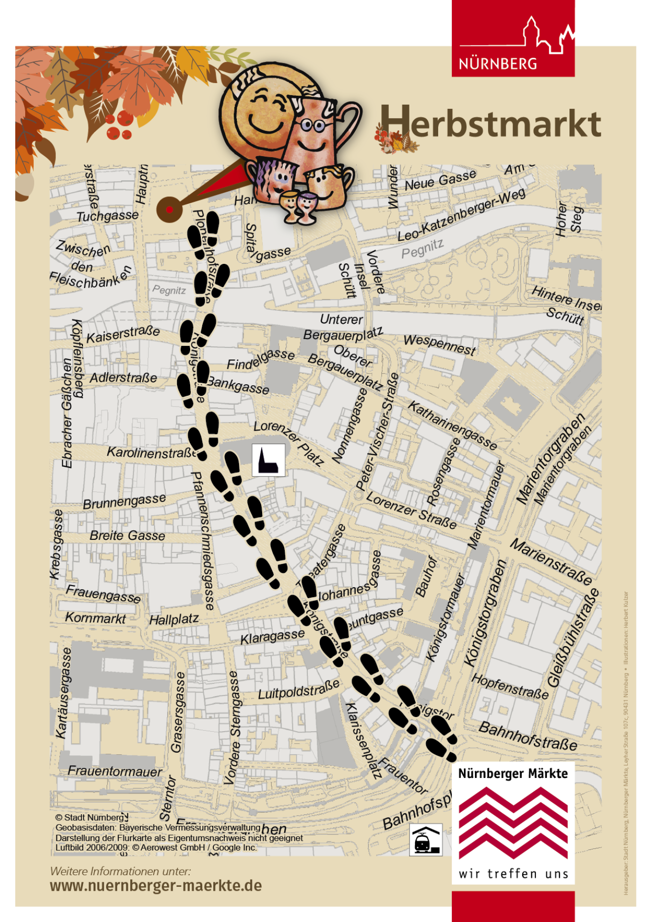 Grafik, die den Fußweg vom Bahnhof zum Herbstmarkt zeigt. Der Weg über die Königstraße, an der Lorenzkirche vorbei, wird dabei mit Fußabdrücken markiert., Bild © Stadt Nürnberg