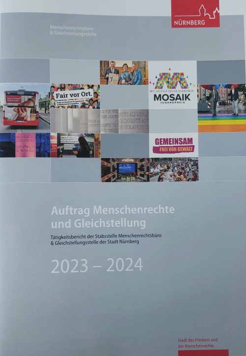 Cover des Tätigkeitsberichts 2023-2024 des Menschenrechtsbüros und der Gleichstellungsstelle der Stadt Nürnberg.