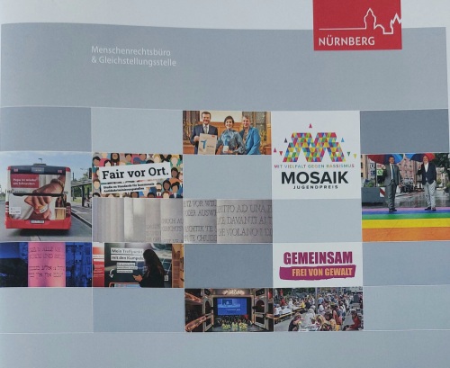 Cover des Tätigkeitsberichts 2023-2024 des Menschenrechtsbüros und der Gleichstellungsstelle der Stadt Nürnberg.