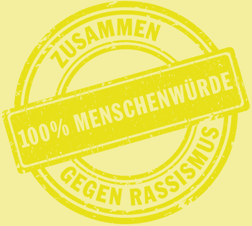 Logo der Nürnberger Wochen gegen Rassismus 2022 in Lemon-gelb mit dem Motto "100% Menschenwürde. Zusammen gegen Rassismus"