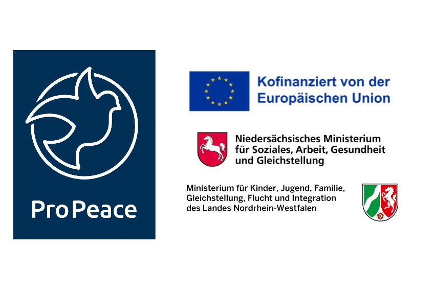Das Logo von Pro Peace, eine stilisierte weiße Taube auf blauem Grund mit dem Titel der Organisation; daneben die Logos der Förderer des Programms "Kommunale Konfliktberatung": Europäische Union; Niedersächsisches Ministerium für Soziales, Arbeit, Gesundheit und Gleichstellung; Ministerium für Kinder, Jugend, Familie, Gleichstellung, Flucht und Integration des Landes Nordrhein-Westfalen, Bild © Pro Peace