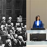 Links: Einige Angeklagte im Nürnberger Hauptkriegsverbrecherprozess. Rechts: Eine Richterin am Internationalen Strafgerichtshof.