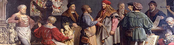 Berühmte Männer aus Nürnbergs großer Vergangenheit auf einem Gemälde von Friedrich G. Wanderer aus dem Jahr 1901.