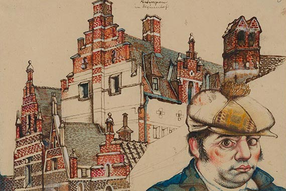 Michael Mathias Prechtl: Antwerpen, im Beginenhof (mit Selbstporträt), 1970/71.