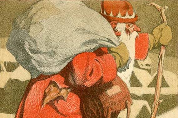 Hermann Bek-Gran: Pelzmärtel in Schneelandschaft, Farblithographie, um 1910.