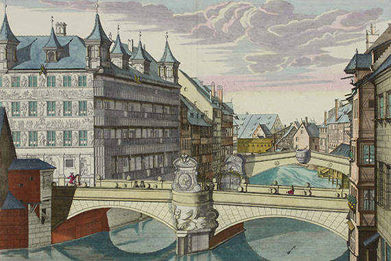 Johann Andreas Graff: Museumsbrücke über der Pegnitz nach Westen mit Viatishaus und Fleischbrücke.