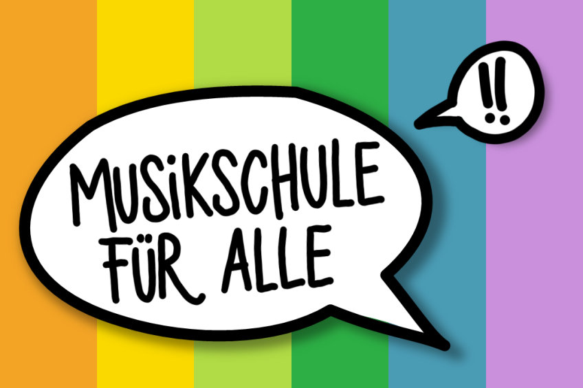 Bild © Bekki Schumacher Sprechblase vor bunten Streifen: Musikschule für Alle, Bild © Bekki Schumacher