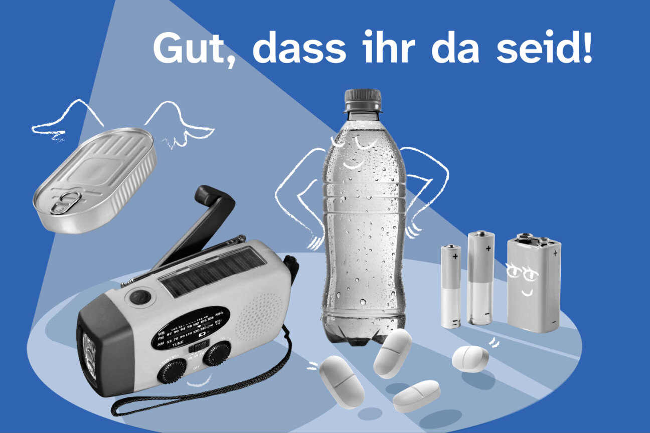 Notfallvorsorge "Gut, dass ihr da seid". Alles, was Sie brauchen. Kurbelradio, Essen, Trinken. Medikamente und Batterien., Bild © Stadtgrafik / Stadt Nürnberg