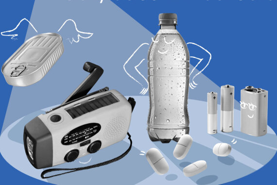 Notfallvorsorge "Gut, dass ihr da seid". Alles, was Sie brauchen. Kurbelradio, Essen, Trinken. Medikamente und Batterien.