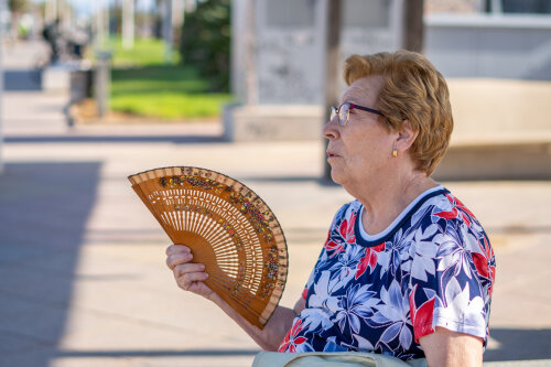 Das Bild zeigt eine ältere Frau mit einem Fächer im Sommer.
