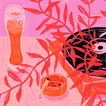 Zeichnung eines Schallplattenspielers mit einem Bierglas und einem Aschenbecher
