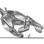 Illustration einer Roboter-Hand stupst einen Menschen weg