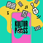 Illustration eines Smartphones, um welche mehrere Piktogramme von Musikinstrumenten, Büchern und Tickets fliegen