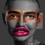 Collage eines zusammengesetzten Gesichts mit roten, aufgeblähten Lippen