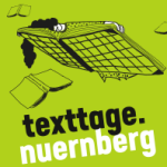 Illustration einer Frau, die auf einem Buch schwebt. Darunter der Text: texttage nürnberg. 12. bis 14. Juli 2024.