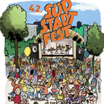 Comic-Illustration des Südstadtfests. Menschen stehen vor einer Musikbühne auf einer Wiese.