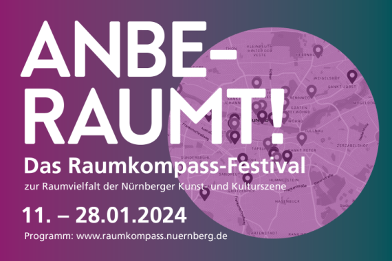 Stadtplan mit mehreren Ortsmarkierungen. Darüber der Text: "Anberaumt! Das Raumkompass-Festival zur Raumvielfalt der Nürnberger Kunst- und Kulturszene. 11. bis 28. Januar 2024.