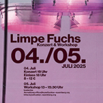 Veranstaltungsplakat zum Konzert und Workshop mit Limpe Fuchs am 4. und 5. Juli 2025 im kunstbunker in Nürnberg.