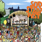 Comic-Illustration des Südstadtfests. Menschen stehen vor einer Musikbühne auf einer Wiese.