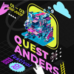 Festivalplakat mit futuristischer Illustration eines bunten, mehrstöckigen Gebäudes. Große Schrift mit Infos zum „OST ANDERS Festival“ vom 1.–3. Mai 2025 in der Kulturwerkstatt auf AEG Nürnberg