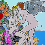 Zeichnung zweier stilisierter, nackter Figuren am bunten, mit Müll übersäten Strand: eine sitzt mit rosa Drapierung, die andere mit Flügeln beugt sich zum Kuss vor. Im Hintergrund felsige Küste, Pflanzen und blaues Meer.