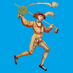 Zeichnung eines Mannes in historischer Kleidung mit Strumpfhose, Wams und Federhut