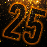Goldener, glitzernder Hintergrund. Darauf ist die Zahl 25 zu sehen.