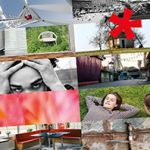 Collage aus mehreren Fotografien, darunter ein leerer Jahrmarkt, zwei Schaufensterpuppen am Straßenrand, ein Mann mit den Händen am Kopf, eine leere weiße Gartenbank im hohen Gras, ein roter Stern auf einem Hausdach, sowie eine Nahaufnahme von rosa Lichtreflexen.