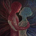 Zwei Personen halten sich fest. Die linke Person ist mit roten Fäden, die rechte Person ist mit blauen Fäden dargestellt.