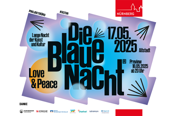 Veranstaltungsplakat zur Blauen Nacht am 17. Mai 2025 unter dem Motto Love and Peace