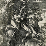 Schwarz-weiße Radierung von Albrecht Dürer mit zwei nackten Figuren mit dramatisch erhobenen Armen auf einem galoppierenden Einhorn, oben die Jahreszahl '1516' und ein Monogramm.