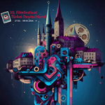 Fantasievolle Illustration einer Stadt mit Türmen und Filmrollen, die mit abstrakten, mechanischen Formen verschmolzen ist, dazu der Text '30. Filmfestival Türkei Deutschland 27.02. - 08.03.2026'