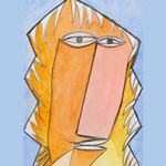 Illustration eines Porträts einer Person mit weißem Haar, geometrischen Gesichtszügen und ruhigem Blick vor blauem Hintergrund.
