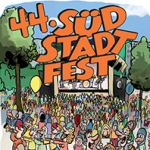 Comic-Illustration des Südstadtfests. Menschen stehen vor einer Musikbühne auf einer Wiese