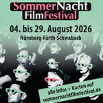 Mehrere Personen mit Sonnenbrillen in einem künstlerisch verfremdeten Schwarz-weiß-Foto mit grünem Hintergrund und Text zum Sommernacht-Filmfestival 2026