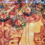 Gemälde eines Profil einer menschlichen Silhouette mit Zahnrädern und mechanischen Elementen im Kopfbereich, in warmen Rot- und Gelbtönen.