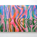 Buntes abstraktes Gemälde mit überlappenden geometrischen Mustern aus Linien und Rauten