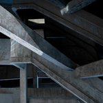 Betonstufen und Geländer eines mehrstöckigen Treppenhauses aus Beton in dunkler Beleuchtung