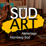 Keilrahmen und Bilder in einem Atelier. Darüber der Text: SüdART Ateliertage Nürnberg-Süd