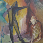 Gemälde von drei abstrakten Figuren in bunten, geometrischen Formen, eine steht mit ausgestrecktem Arm, eine hockt, eine weitere ist schemenhaft im Hintergrund