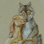Illustration eines Wolfes und eines Schafes, die sich umarmen