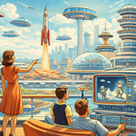 Menschen in futuristischer Stadt mit fliegenden Untertassen, Rakete, Raumanzügen und großem Bildschirm mit Weltraumszene